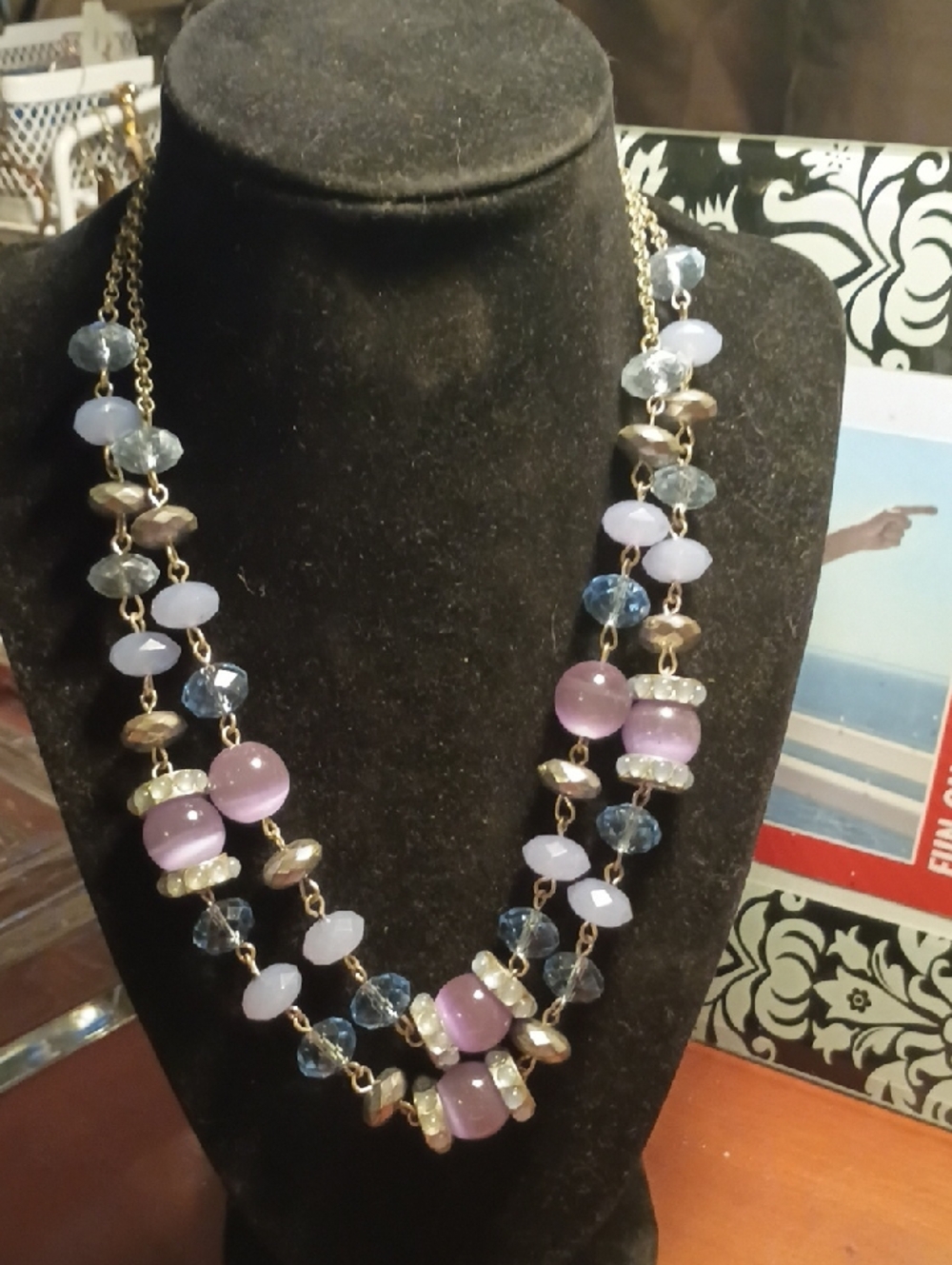 Modern Fuscia And Blue Moon glow Trifari Multistrand Necklace Bead Rhinestones